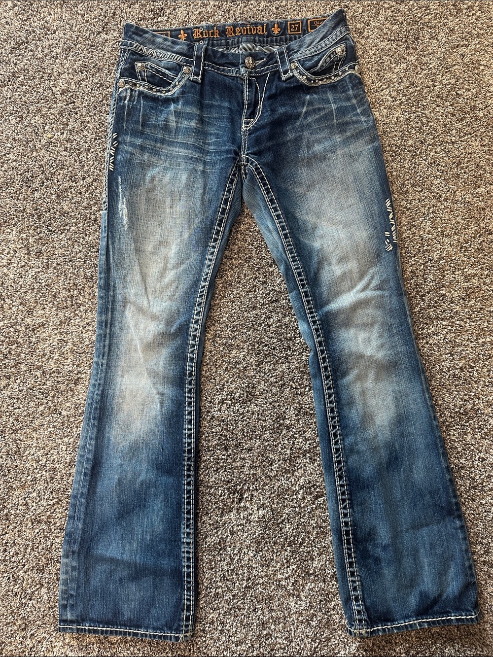 Rock Revival Faded Blue Bootcut Jeans with Embroidered Accents